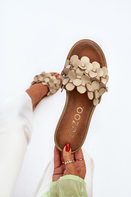 Zazoo 40381 Feminino Chinelos de couro com salto largo bege Zazoo 40381 Feminino Chinelos de couro com salto largo bege