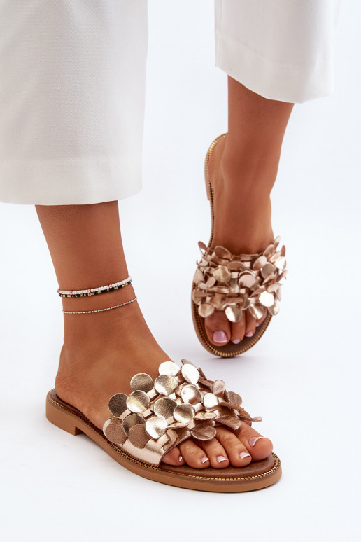 Zazoo 40381 Feminino Chinelos de couro com salto largo cor dourada Zazoo 40381 Feminino Chinelos de couro com salto largo cor dourada