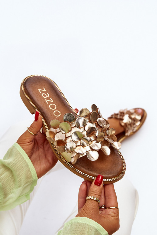 Zazoo 40381 Feminino Chinelos de couro com salto largo cor dourada Zazoo 40381 Feminino Chinelos de couro com salto largo cor dourada