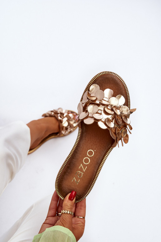 Zazoo 40381 Feminino Chinelos de couro com salto largo cor dourada Zazoo 40381 Feminino Chinelos de couro com salto largo cor dourada