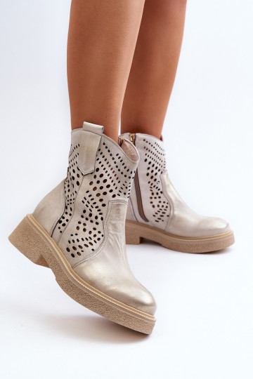 Zazoo 3470 Pele Botas femininas com salto largo com elementos abertos cor dourada Limpo 2