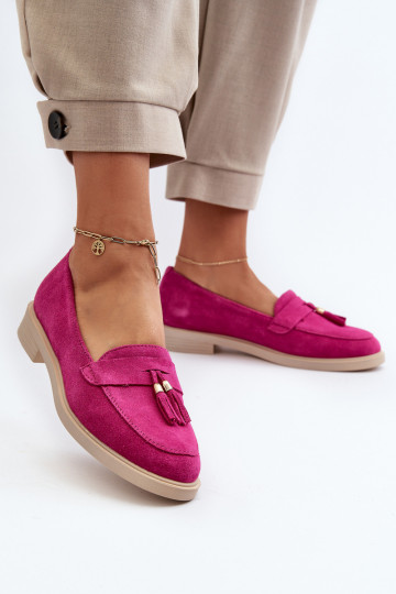 Zazoo 3420 Mocassins femininos de camurça com saltos largos fúcsia