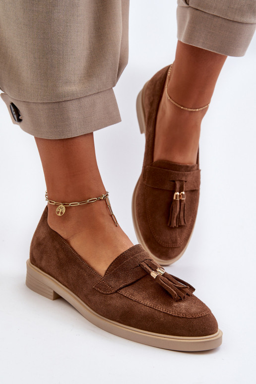 Zazoo 3420 Mocassins de camurça Feminino com salto largo cor marrom