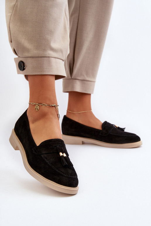 Zazoo 3420 Mocassins de camurça Feminino com salto largo cor preta Zazoo 3420 Mocassins de camurça Feminino com salto largo cor preta