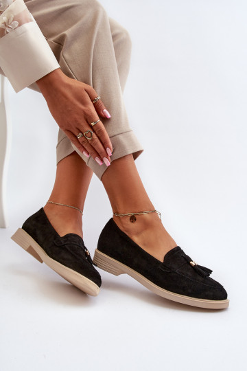 Zazoo 3420 Mocassins femininos de camurça com saltos largos preto 2