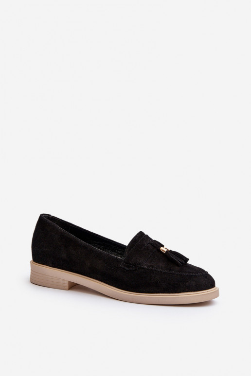 Zazoo 3420 Mocassins de camurça Feminino com salto largo cor preta Zazoo 3420 Mocassins de camurça Feminino com salto largo cor preta