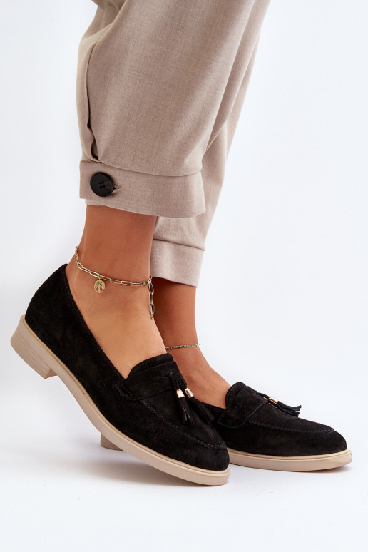 Zazoo 3420 Mocassins de camurça Feminino com salto largo cor preta Zazoo 3420 Mocassins de camurça Feminino com salto largo cor preta