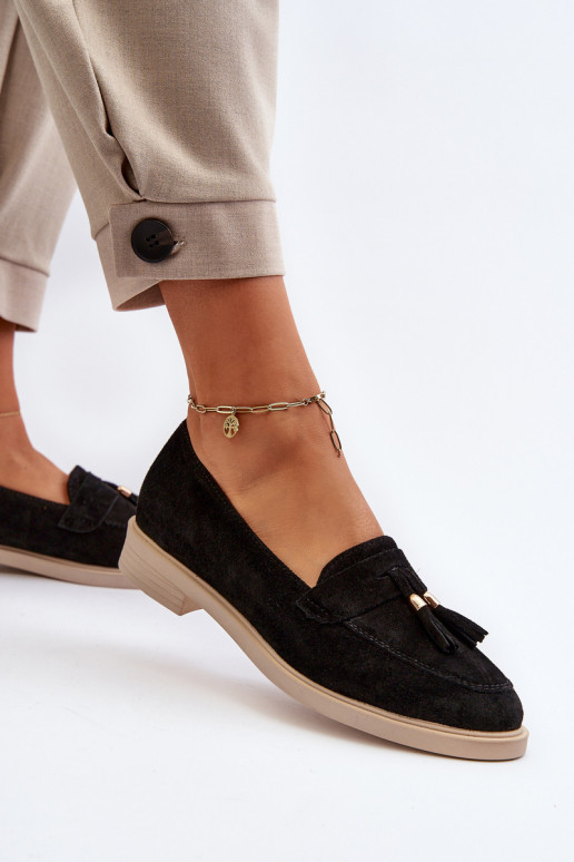 Zazoo 3420 Mocassins de camurça Feminino com salto largo cor preta Zazoo 3420 Mocassins de camurça Feminino com salto largo cor preta