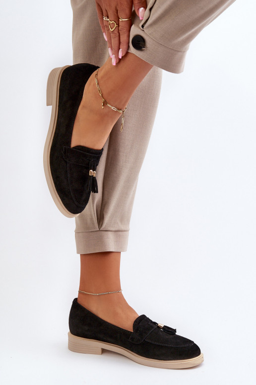 Zazoo 3420 Mocassins de camurça Feminino com salto largo cor preta Zazoo 3420 Mocassins de camurça Feminino com salto largo cor preta