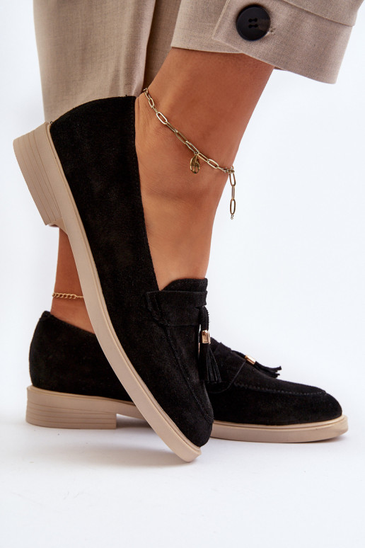 Zazoo 3420 Mocassins de camurça Feminino com salto largo cor preta Zazoo 3420 Mocassins de camurça Feminino com salto largo cor preta