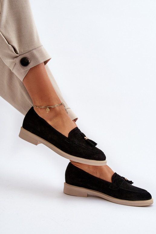 Zazoo 3420 Mocassins de camurça Feminino com salto largo cor preta Zazoo 3420 Mocassins de camurça Feminino com salto largo cor preta