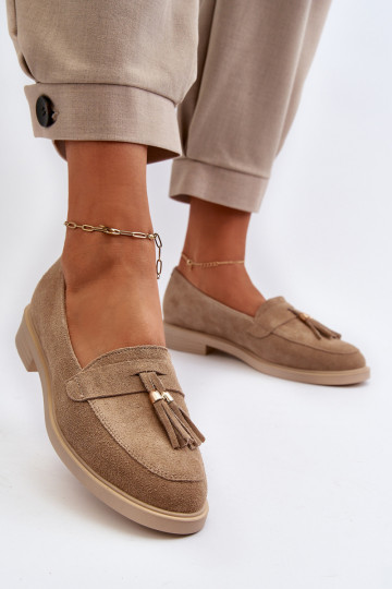 Zazoo 3420 Mocassins femininos de camurça com saltos largos bege