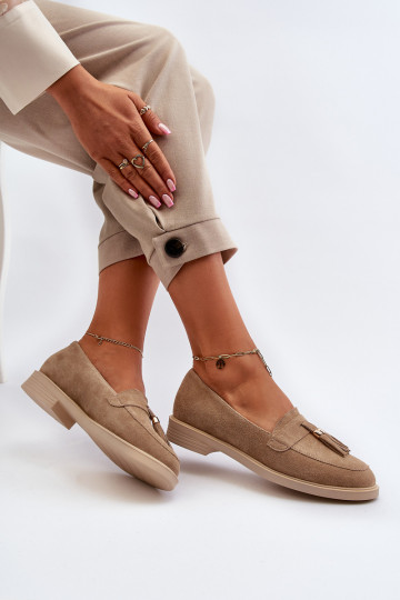 Zazoo 3420 Mocassins femininos de camurça com saltos largos bege 2