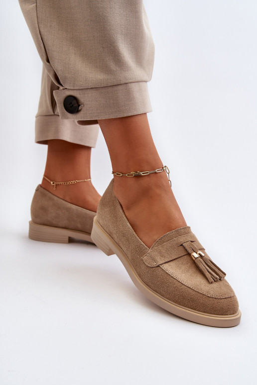 Zazoo 3420 Mocassins de camurça Feminino com salto largo bege Zazoo 3420 Mocassins de camurça Feminino com salto largo bege