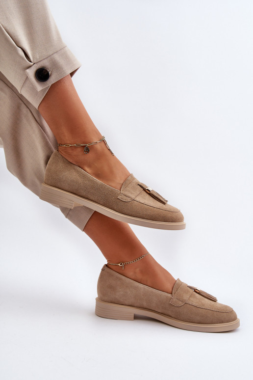 Zazoo 3420 Mocassins de camurça Feminino com salto largo bege Zazoo 3420 Mocassins de camurça Feminino com salto largo bege