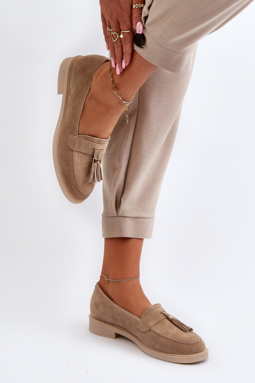 Zazoo 3420 Mocassins de camurça Feminino com salto largo bege Zazoo 3420 Mocassins de camurça Feminino com salto largo bege