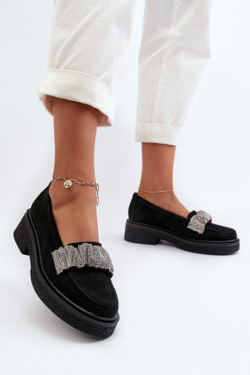 Zazoo 3419 mocassins femininos de camurça Com fita decorativa cor preta