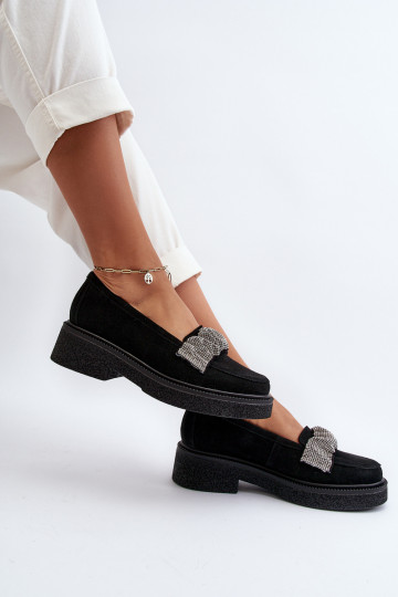 Zazoo 3419 mocassins femininos de camurça Com fita decorativa cor preta 2