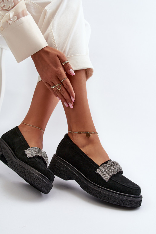 Zazoo 3419 mocassins femininos de camurça Com fita decorativa cor preta Zazoo 3419 mocassins femininos de camurça Com fita decorativa cor preta