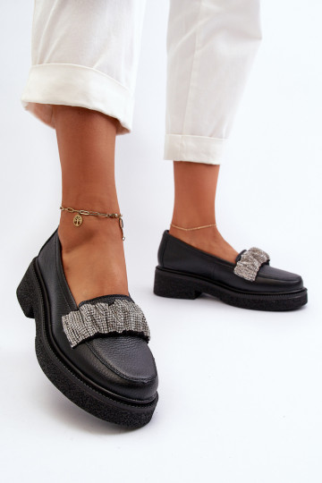 Zazoo 3419 Mocassins femininos de couro com faixa decorativa preto