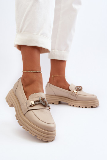 Pele mocassins femininos com enfeites Laura Messi 2780 bege