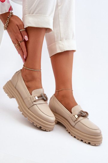 Pele mocassins femininos com enfeites Laura Messi 2780 bege 2