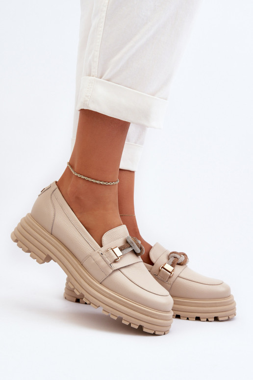 Pele mocassins femininos com enfeites Laura Messi 2780 bege