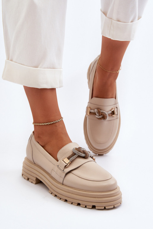 Pele mocassins femininos com enfeites Laura Messi 2780 bege