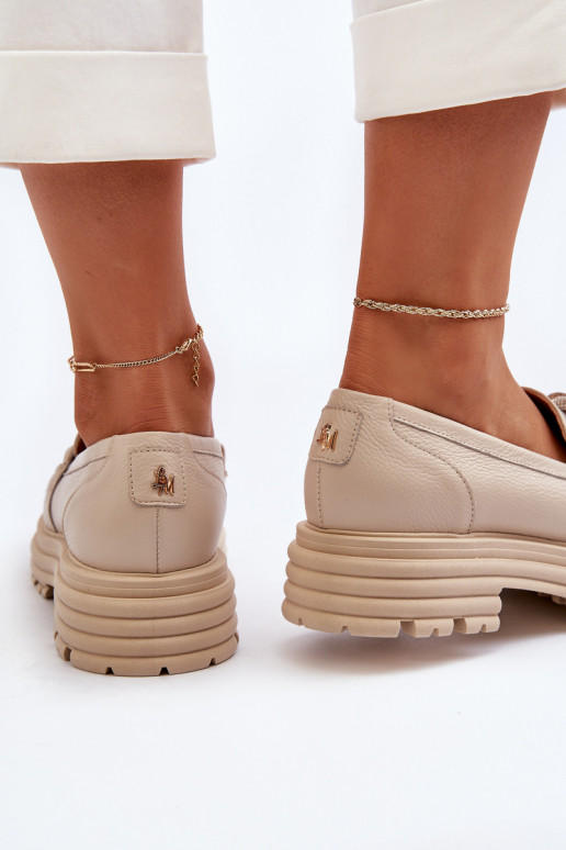 Pele mocassins femininos com enfeites Laura Messi 2780 bege