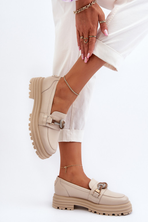 Pele mocassins femininos com enfeites Laura Messi 2780 bege