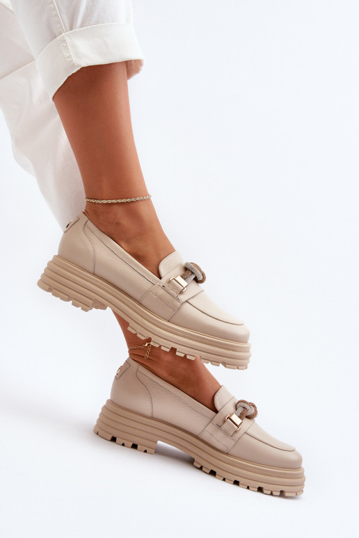 Pele mocassins femininos com enfeites Laura Messi 2780 bege