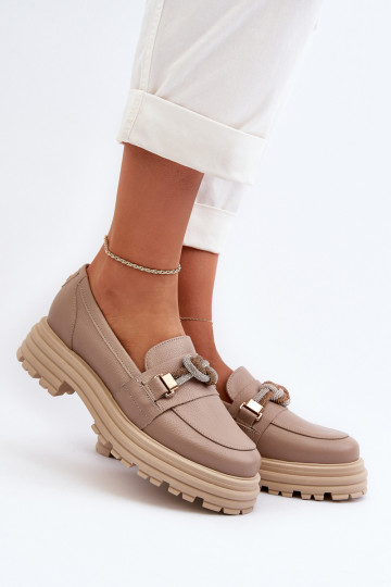 Pele mocassins femininos com enfeites Laura Messi 2780 bege