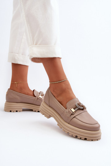 Pele mocassins femininos com enfeites Laura Messi 2780 bege 2