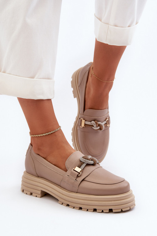 Pele mocassins femininos com enfeites Laura Messi 2780 bege Pele mocassins femininos com enfeites Laura Messi 2780 bege