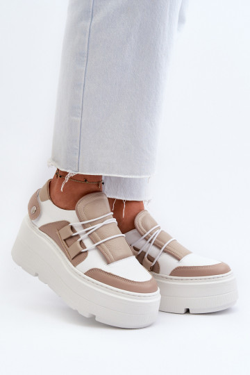 Sapatos femininos de couro estilo esportivo Zazoo 1833 com solas grossas cor areia-branca
