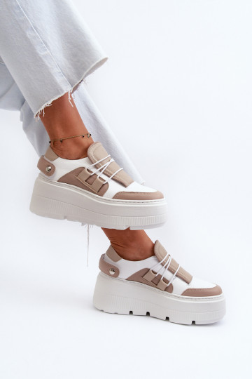 Sapatos femininos de couro estilo esportivo Zazoo 1833 com solas grossas cor areia-branca 2