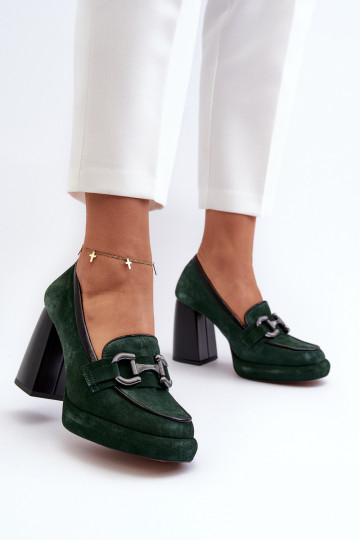Sapatos de couro femininos de salto grosso Laura Messi 2706 cor caqui