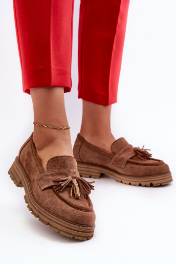 Mocassins femininos de camurça Zazoo 3469 com franja na cor marrom