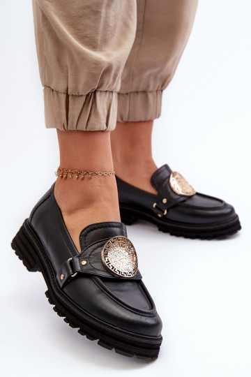 Mocassins femininos de couro natural Zazoo 3485 com detalhes dourados
