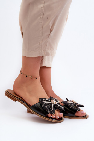 isósceles Chinelos de couro Feminino com fitas Laura Messi 2791 cor preta 2