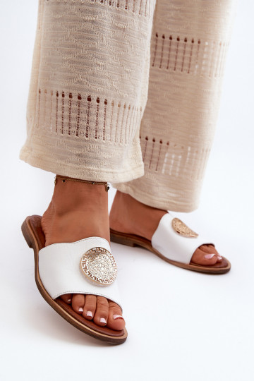 Zazoo 2938 Chinelos de couro com salto largo com enfeites cor branca