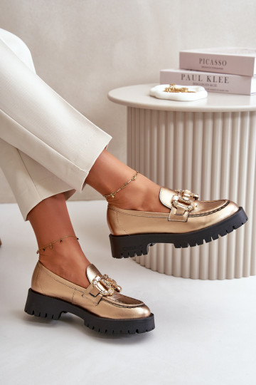 Feminino Pele Mocassins com enfeites CheBello 4369 cor dourada