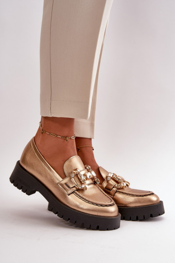 Feminino Pele Mocassins com enfeites CheBello 4369 cor dourada 2