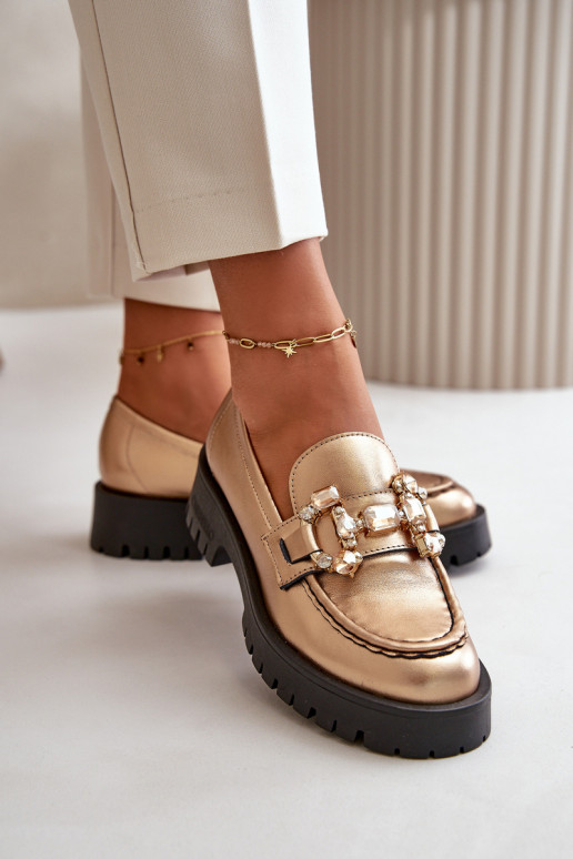 Feminino Pele Mocassins com enfeites CheBello 4369 cor dourada