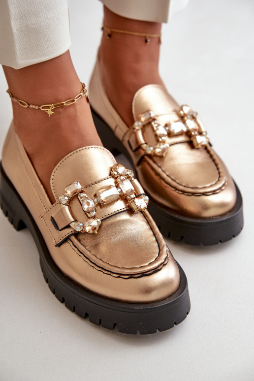 Feminino Pele Mocassins com enfeites CheBello 4369 cor dourada