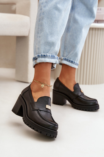 Sapatos femininos elegantes com salto em couro natural pretos Zazoo 20168