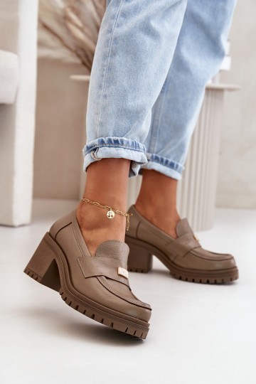 Sapatos femininos elegantes com salto em couro natural bege Zazoo 20168