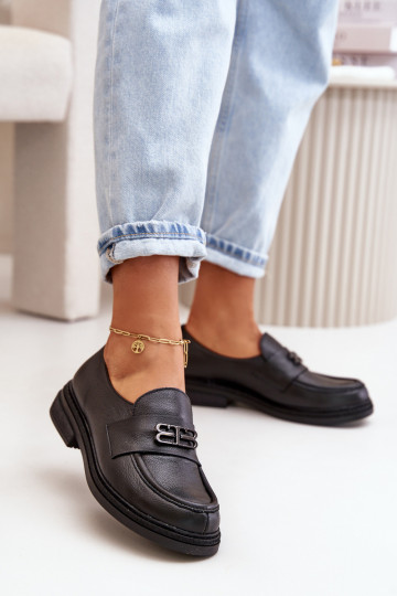 Sapatos femininos de couro elegantes com saltos largos pretos Zazoo 20174