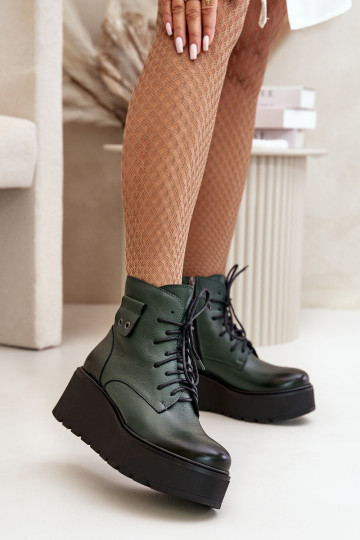 Zazoo 60499 Feminino Botas com uma plataforma I Koturnie aquecimento couro natural cor cáqui