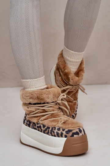 Botas femininas de couro para neve com sola grossa, pelúcia e estampa de leopardo Big Star OO274A208 na cor marrom